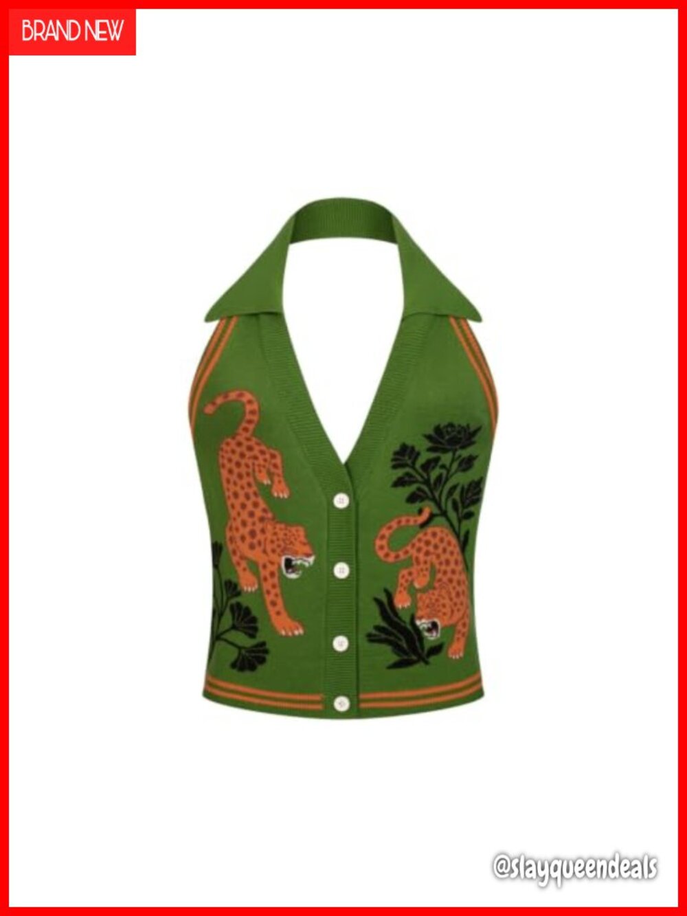 OXKnitstore Cotton Knit Vest Retro Leopard Tank Button Down Sleeveless Summer